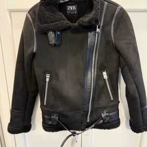 Zara Black Shearling moto Jacket